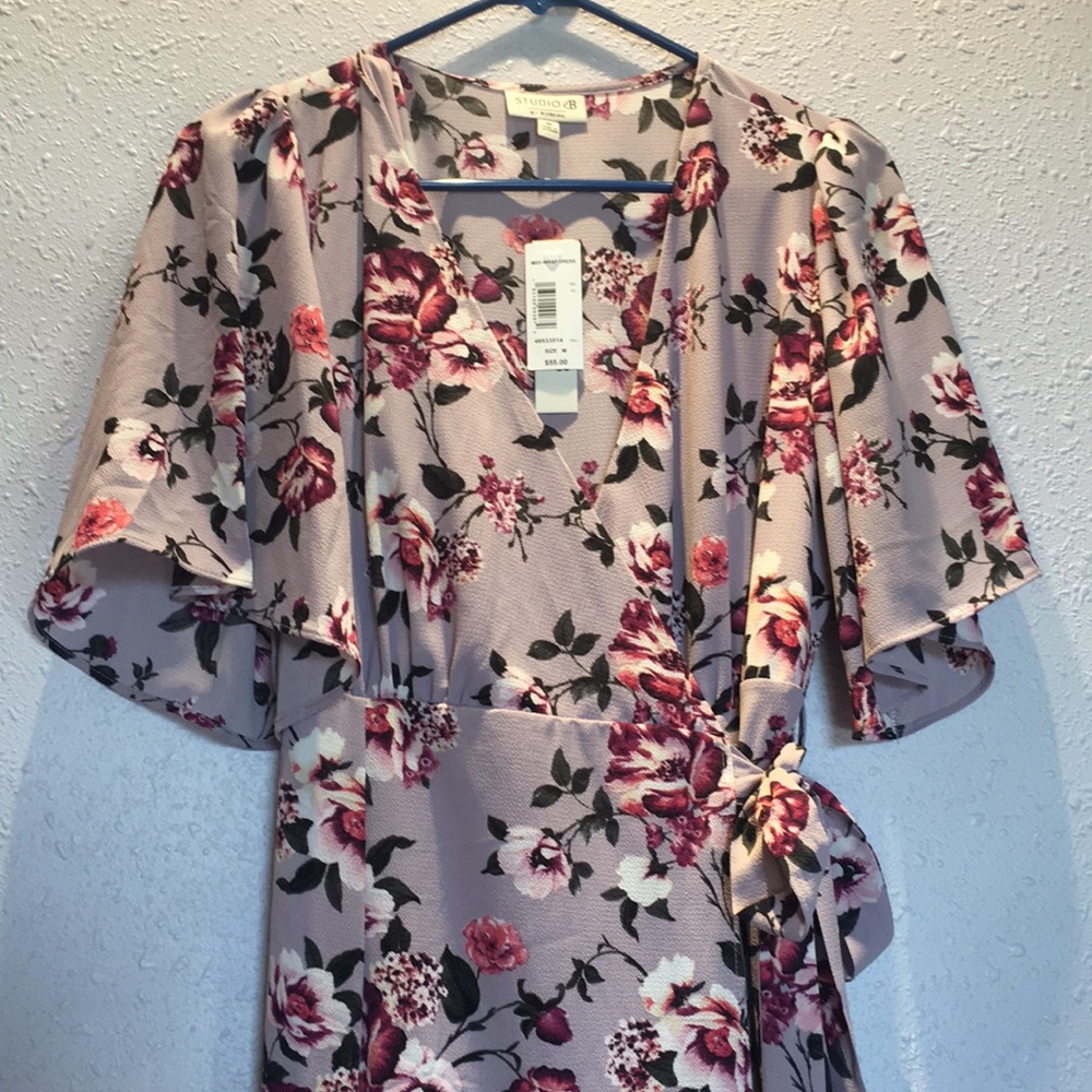 Floral lavender midi wrap dress